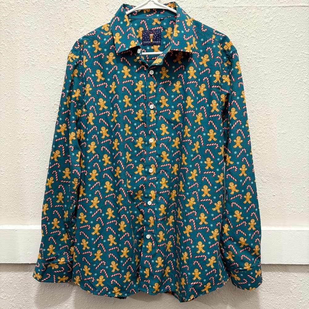 Simon Banks Gingerbread Men & Candy Canes Christmas Button Down Shirt Large
